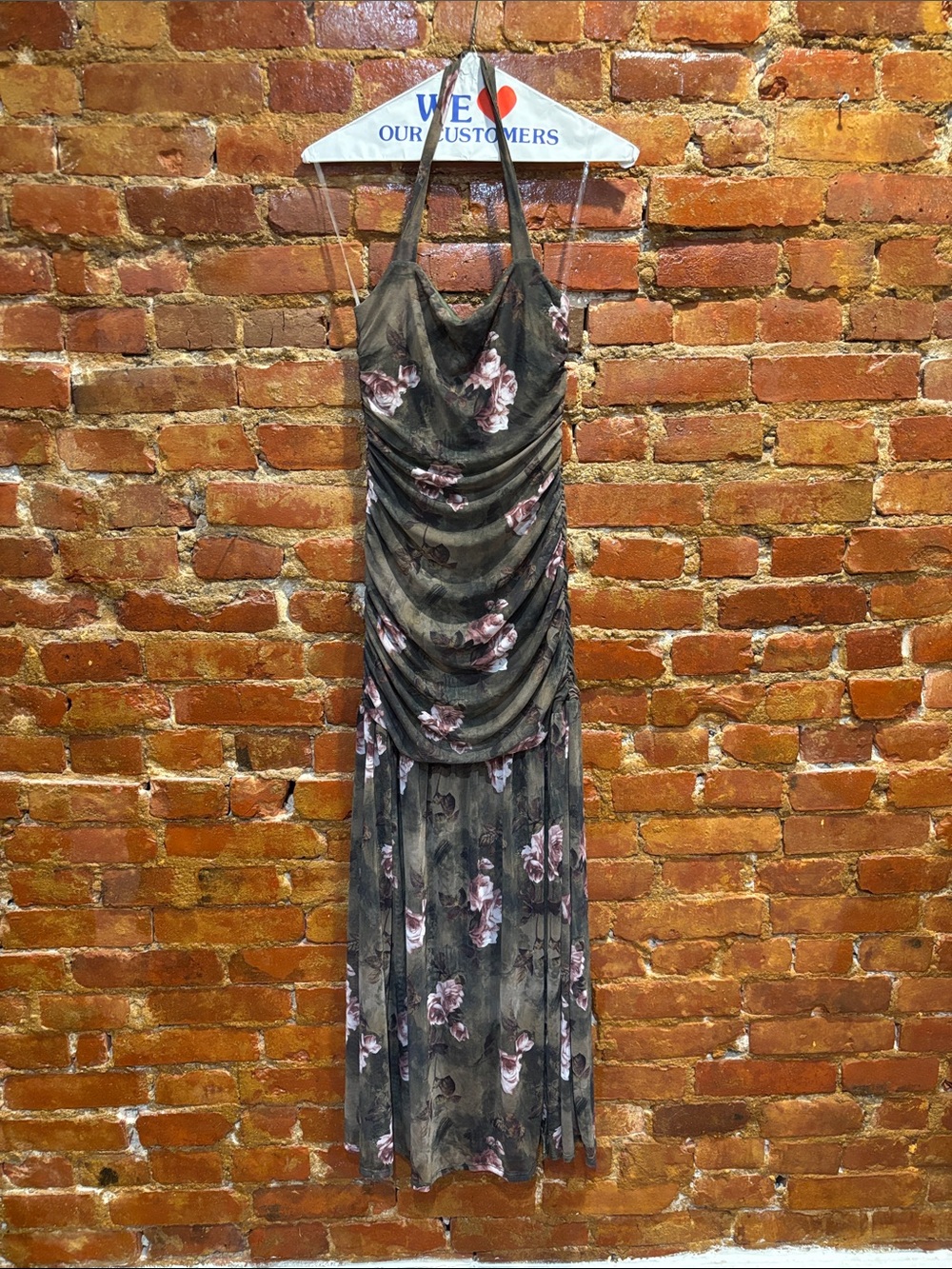 Olive Floral Ruched Halter Maxi Dress with side split